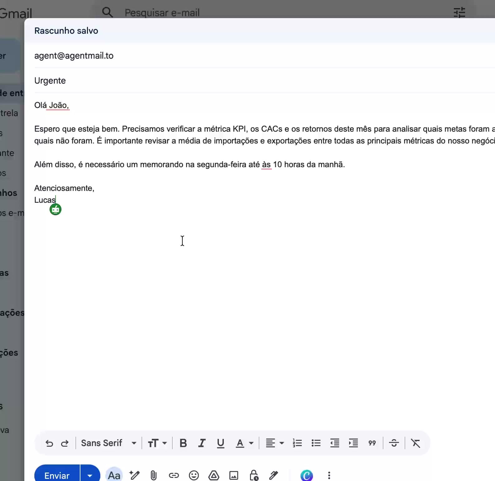Resultado do Dicto em um e-mail